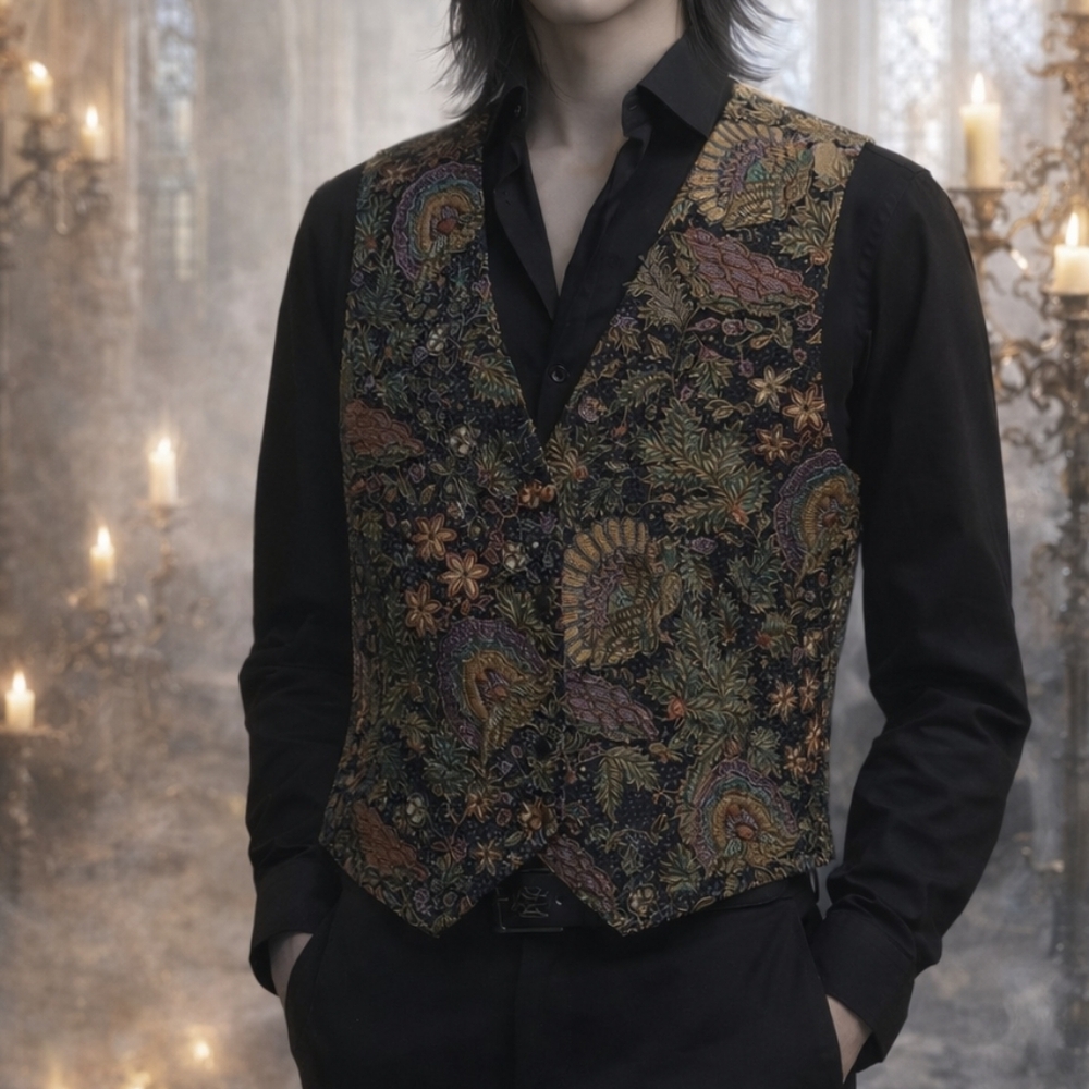 Match Up Hand Beaded Black Fabric Floral Bohemian Glam Rock Vest M/L